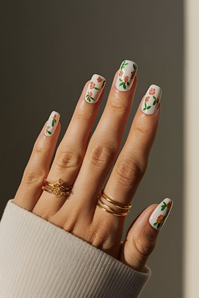 A close-up of hands with white acrylic nails adorned with intricate floral designs in pink and green