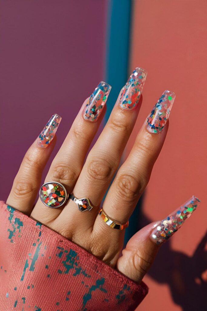 A set of nails with a clear base, covered in multicolored glitter and chunky glitter pieces for a sparkling effect