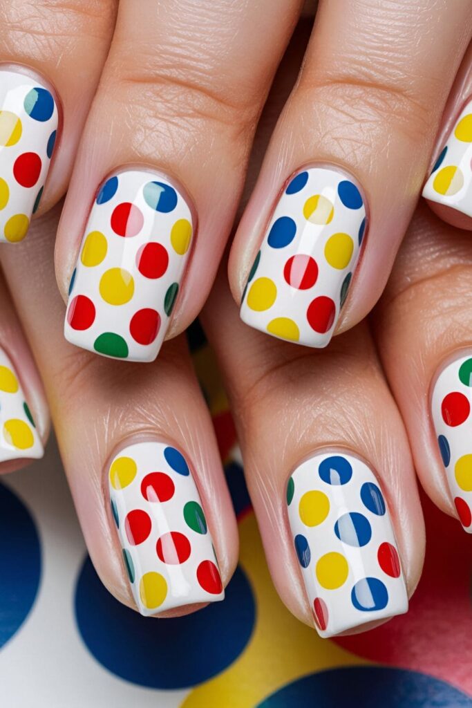 A set of nails with a white base, adorned with large, colorful polka dots in red, blue, yellow, and green, inspired by pop art