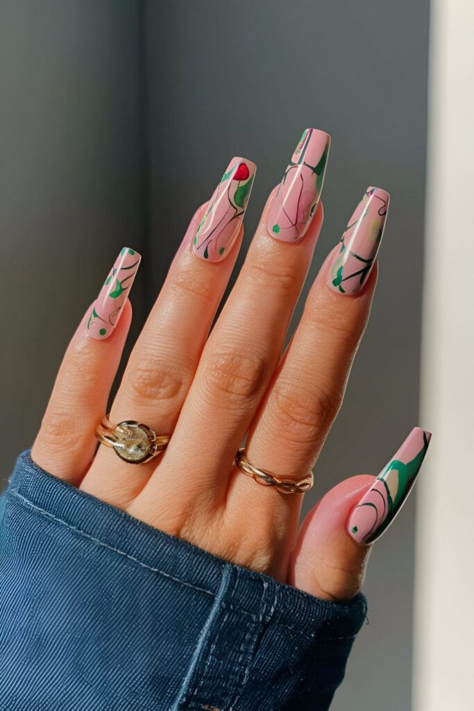 Abstract nail art with colorful splashes and lines