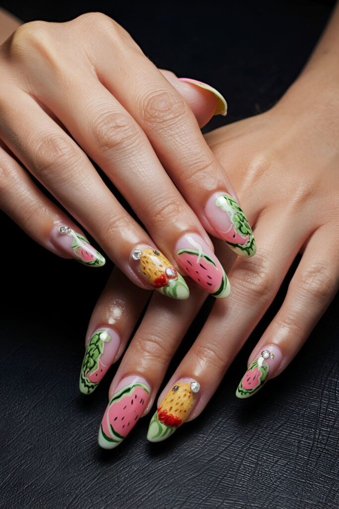 Acrylic nails featuring playful designs of watermelons, pineapples, and strawberries, set against a summery backdrop with fresh fruits