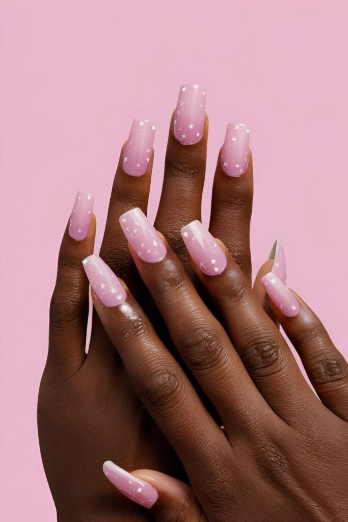 Acrylic nails in pink with tiny white stars and dots, mimicking a starry night sky and designed for dark skin tones