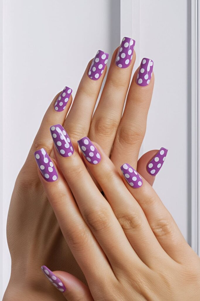 Acrylic nails painted in a purple base, adorned with playful and timeless white polka dots for a fun, retro look