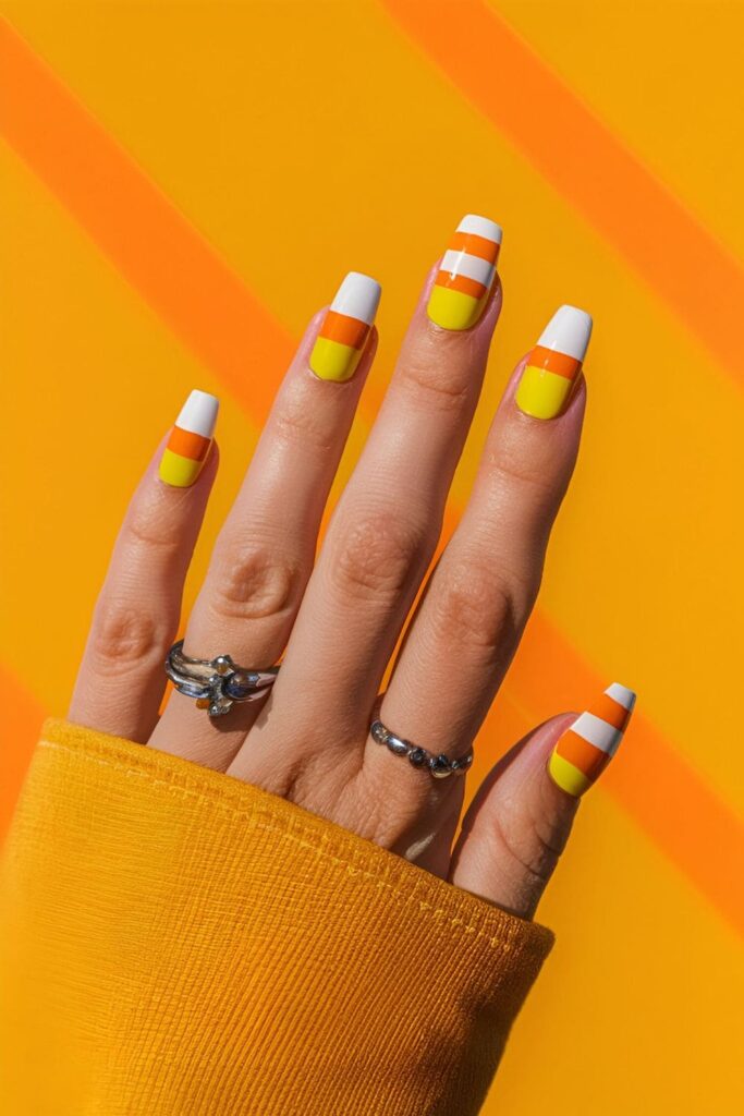 Acrylic nails painted in classic candy corn pattern with orange, yellow, and white colors, festive and playful nail design