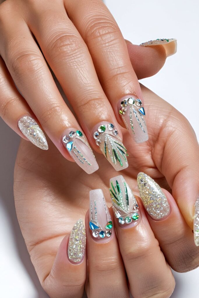 Acrylic nails with glittery bases and rhinestones arranged in various patterns for a dazzling effect