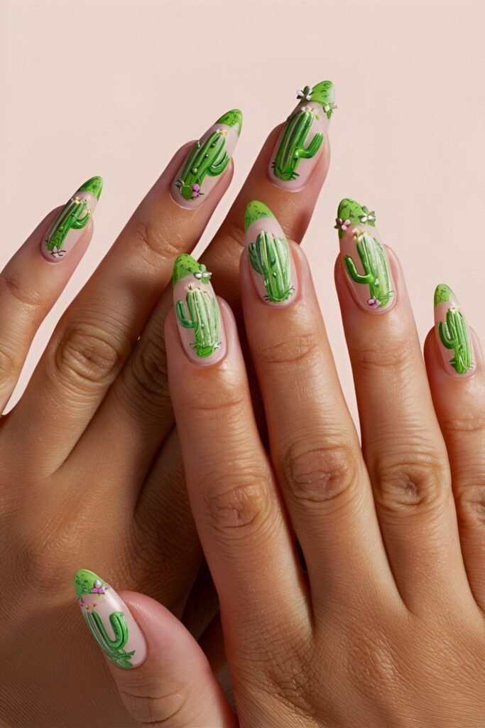 Almond nails featuring green cactus designs with tiny flowers and spikes on a sandy beige or light pink base