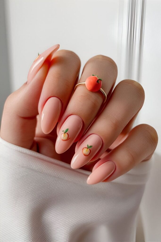 Almond nails in shades of peach, adorned with tiny peach designs and leaves