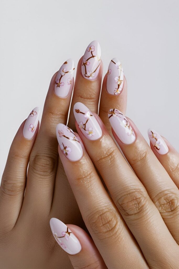 Almond nails with a light pink or white base, detailed cherry blossom designs in pink and brown