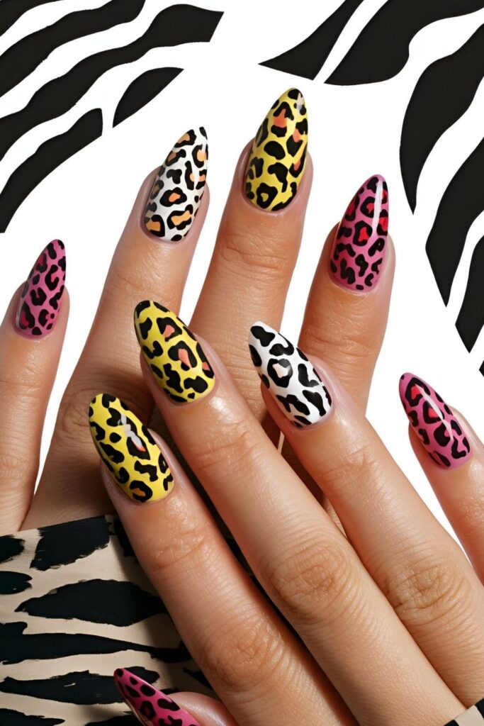 Almond nails with bold animal prints like leopard or zebra patterns, featuring bright backgrounds with black or white prints