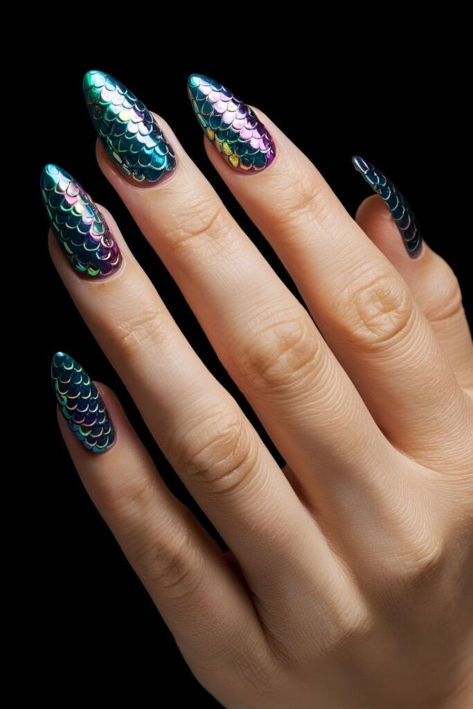 Almond nails with iridescent and shimmering designs in blues, purples, and greens, including scale patterns and tiny seashell accents