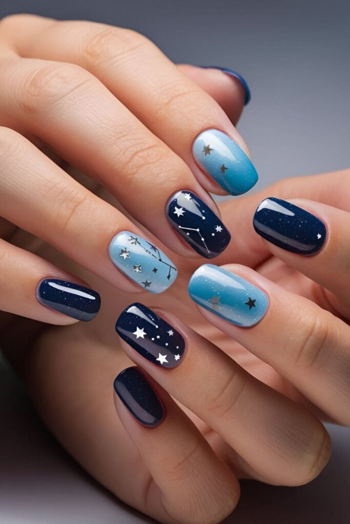 Aura nails featuring shades of blue from sky blue to deep navy, with silver stars and glitter for a starry sky effect