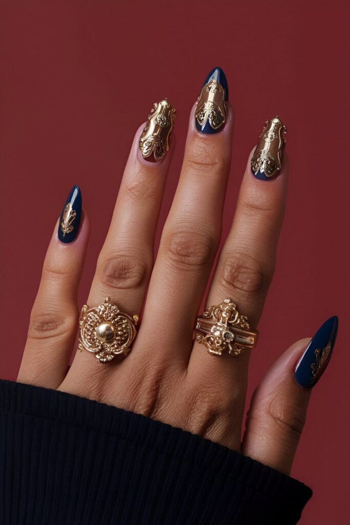 Baroque elegance nails with detailed patterns and rich colors
