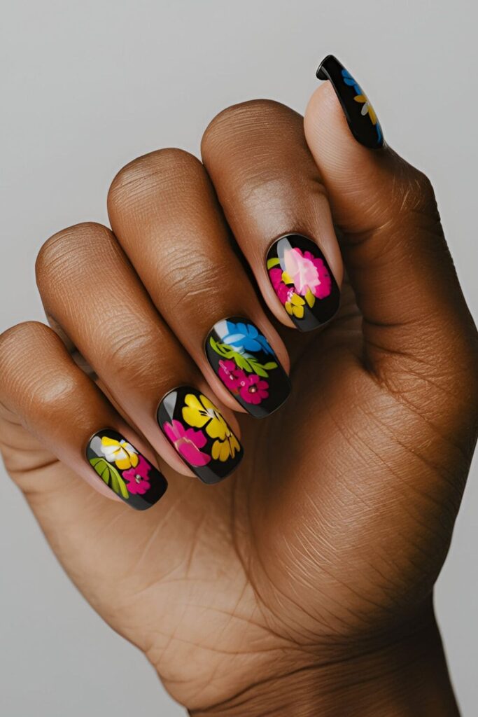 Black base acrylic nails with bright floral designs in pink, yellow, blue, and green for a bold contrast