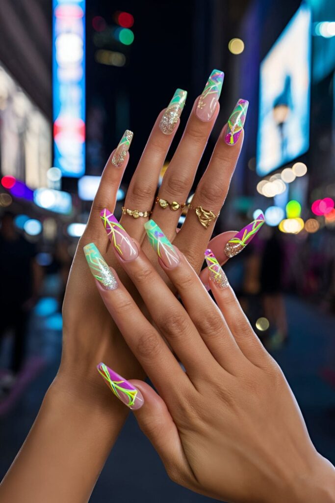 Bold and colorful acrylic nails with neon colors, glitter, and unique patterns, set against a streetbackground