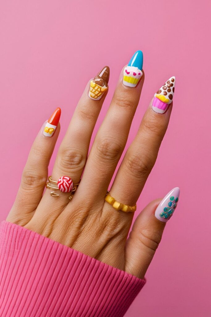 Bright acrylic nails with cute ice cream cones, cupcakes, and candy designs for a playful look