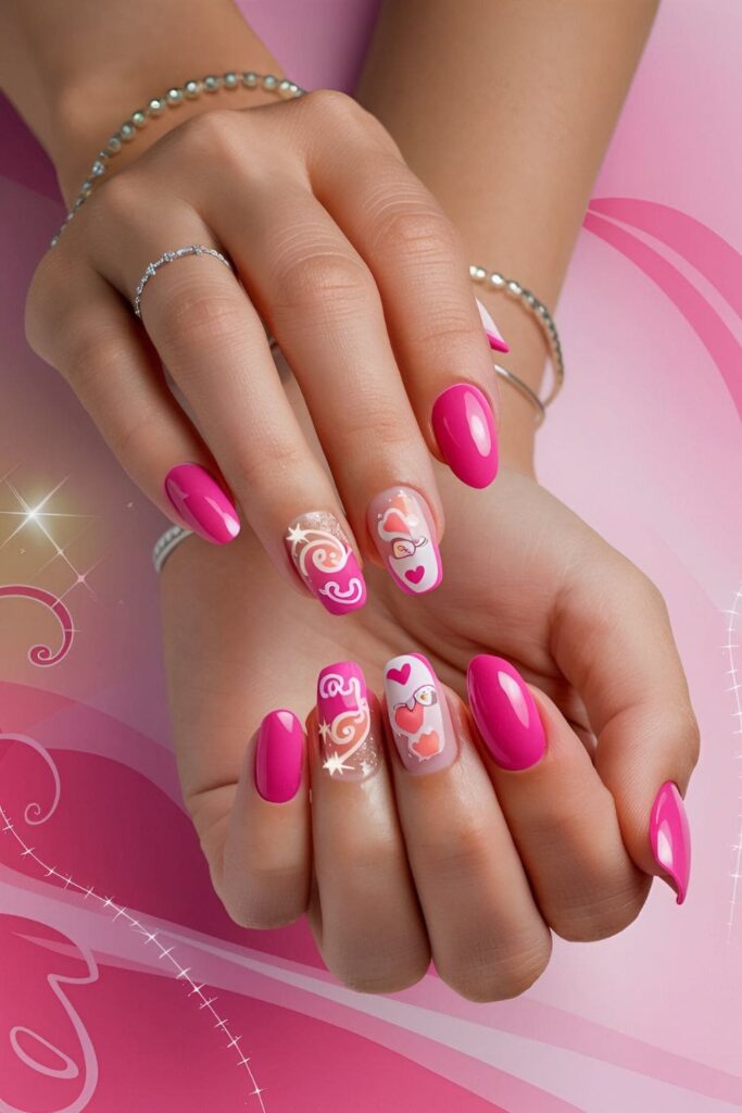 Bright pink acrylic nails inspired by the fun and playful Barbie theme