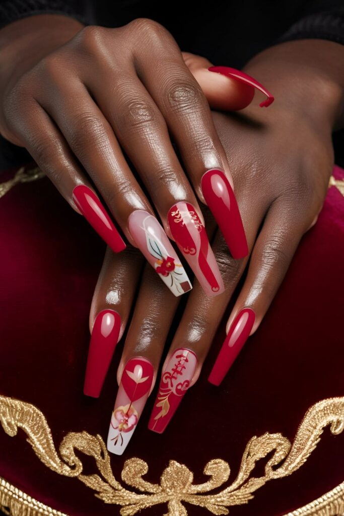 Dark-skinned hands with glossy red acrylic nails, some with a matte finish