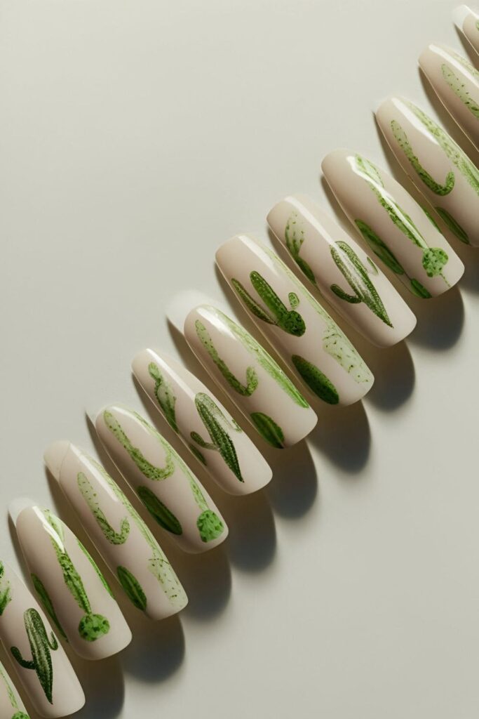 Cactus-themed nail art on light background