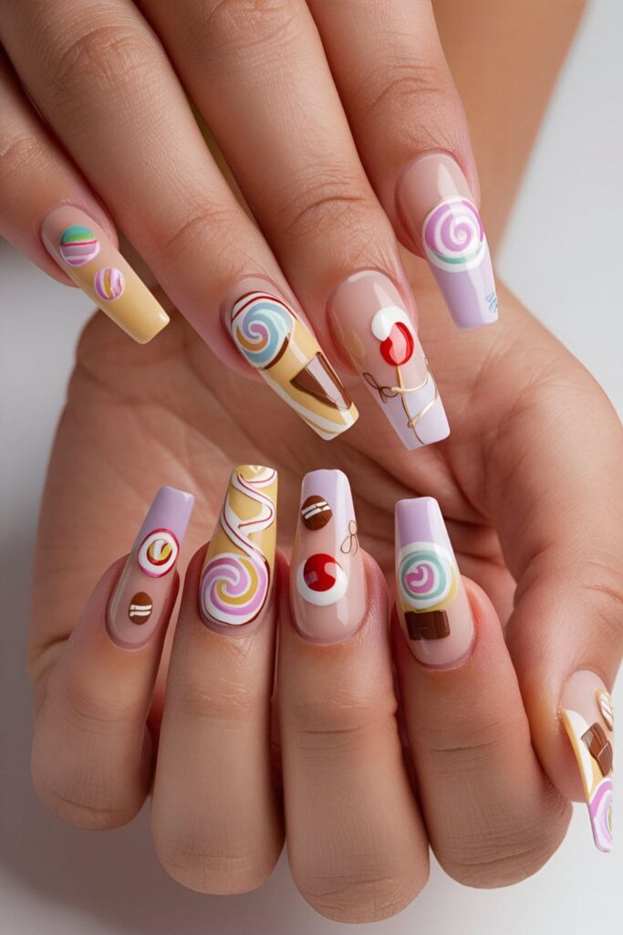 Candy-themed nail art in pastel colors