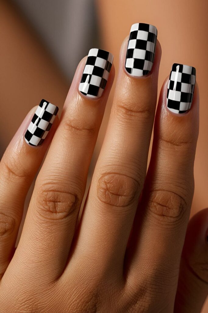 Checkerboard chic nails in a classic black-and-white pattern