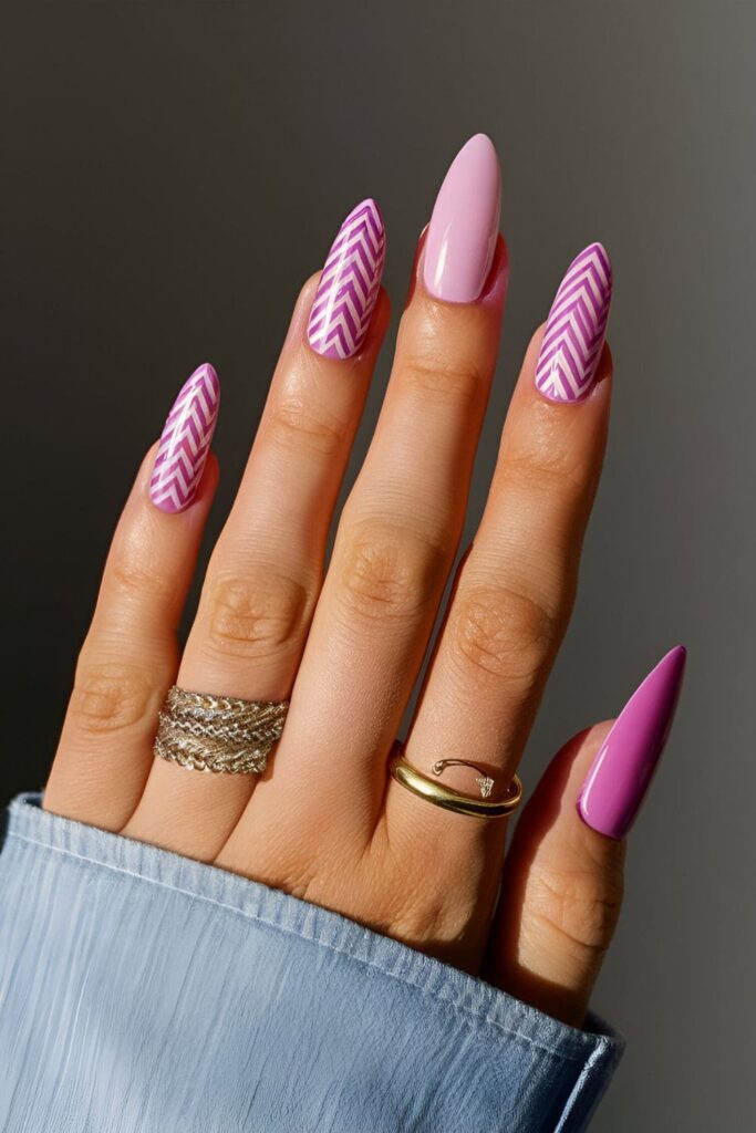 Chic and modern orchid nails with herringbone patterns in contrasting colors