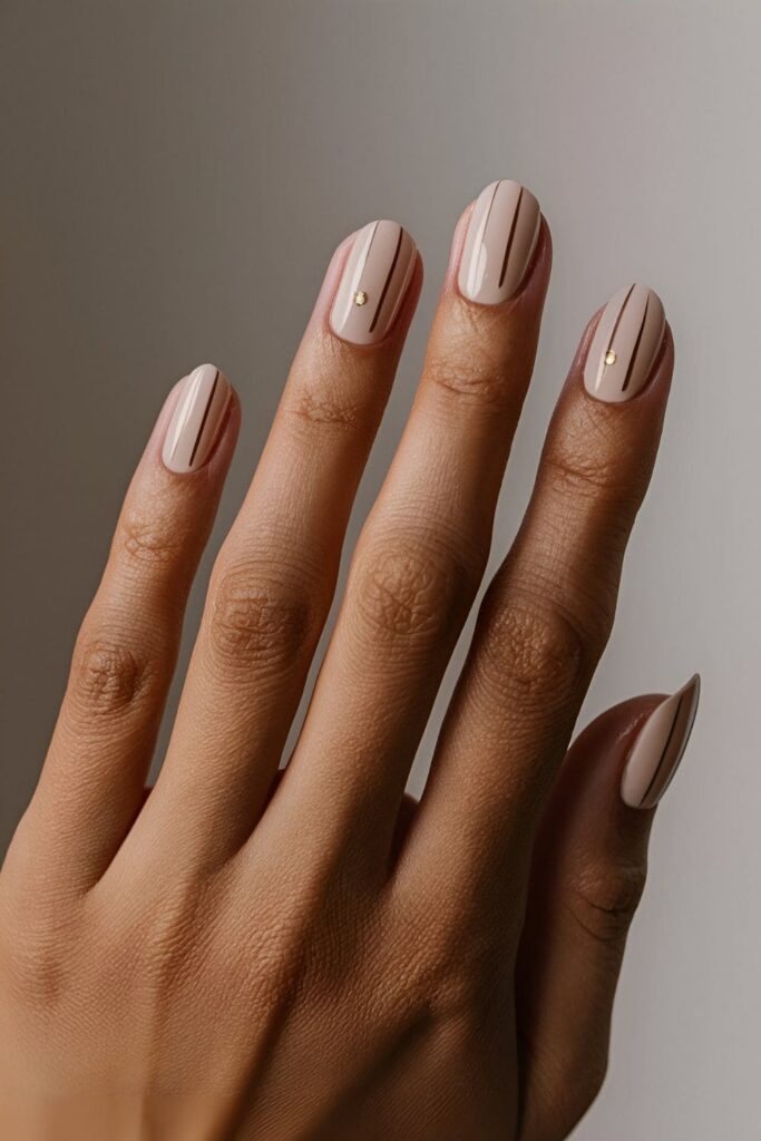 Clean and sophisticated nails with a nude base, adorned with a single stripe or dot for a minimalist look