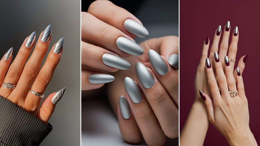 Collage Of Three Images Of Silver Acrylic Nail Designs