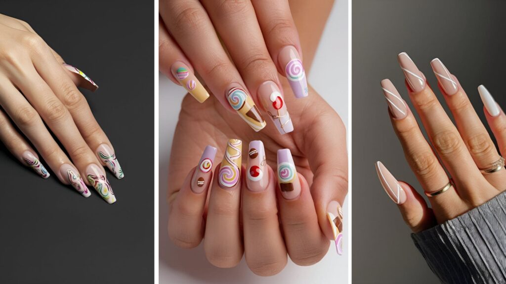 Collage of Acrylic Coffin Nail Designs For Summer