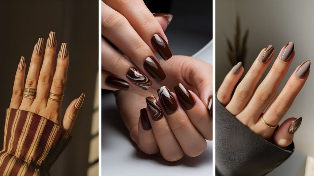 Collage of three images of Brown Acrylic Nail Designs