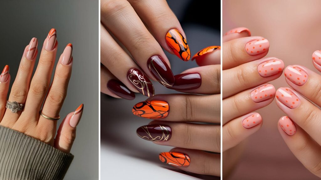 Collage of three images orange acrylic nail designs