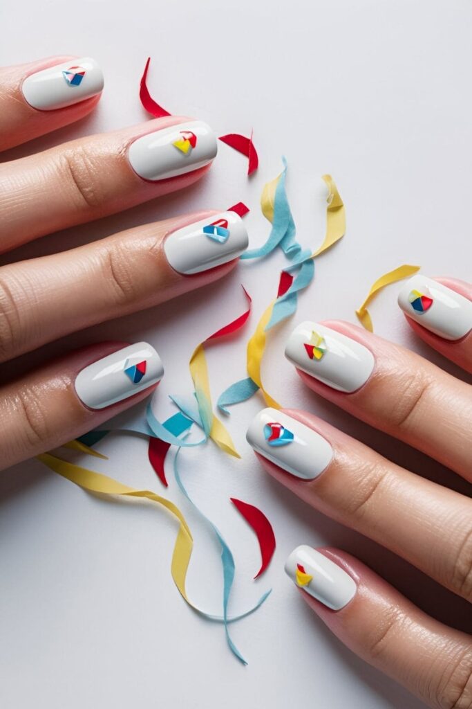 Colorful confetti pieces sprinkled on white nails