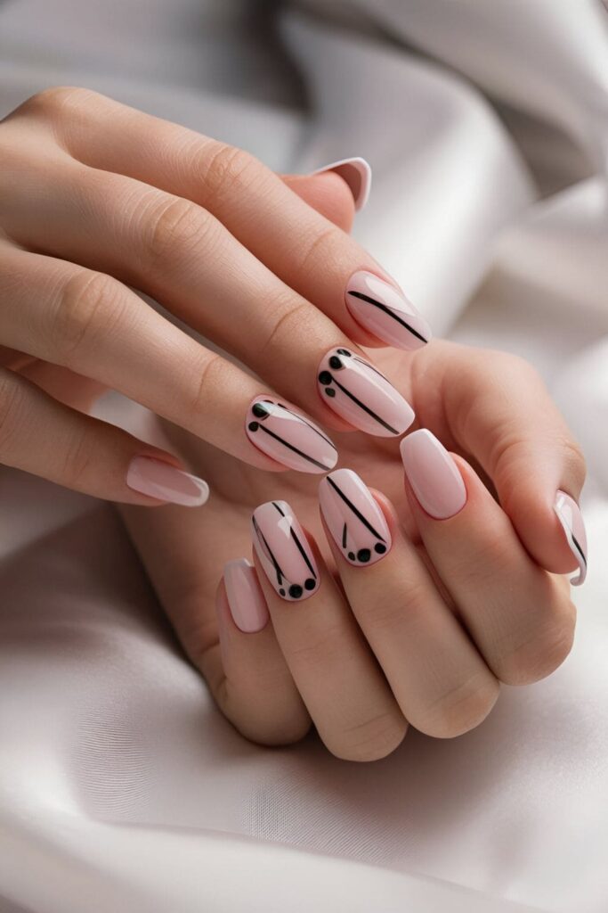 Contrasting pink acrylic nails with bold black stripe and dot accents