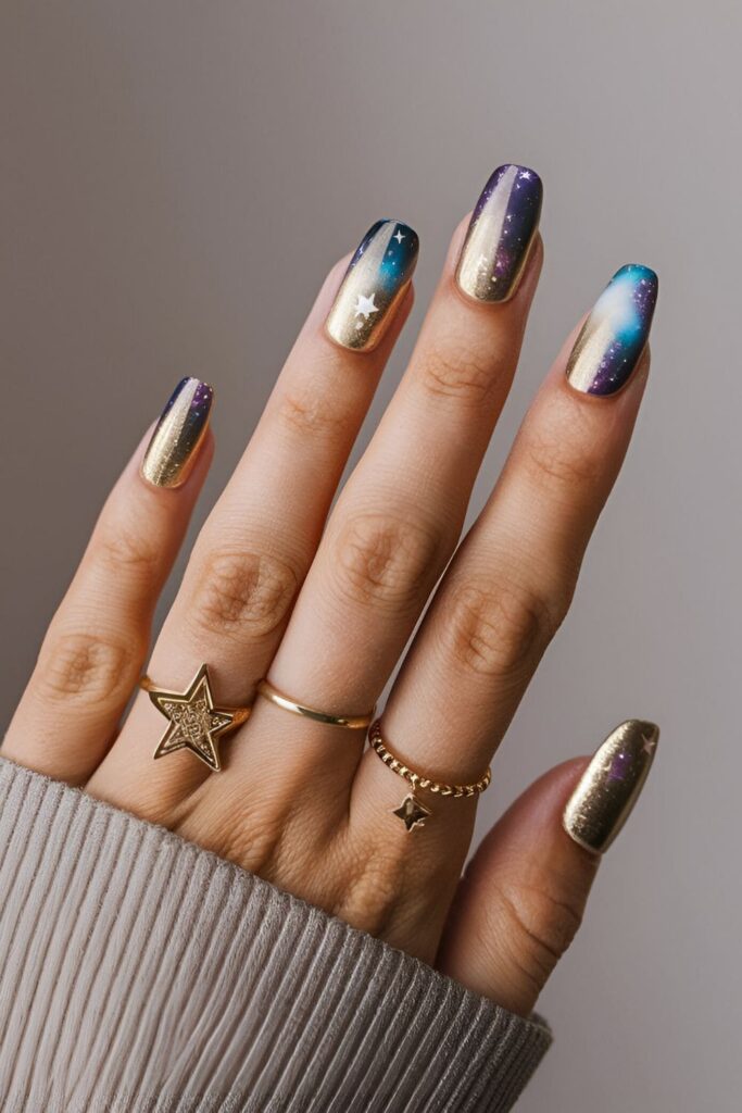 Cosmic gold acrylic nails with galaxy patterns in shades of blue, purple, and white, adding star-shaped charms