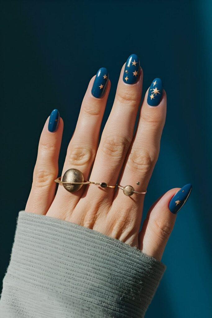 Cosmic nails with a dark blue or black base, painted with tiny planets, moons, and stars to create a solar system-inspired look