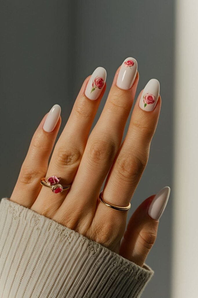 Creamy white base nails with delicate soft pink and red roses, offering a timeless and elegant appearance