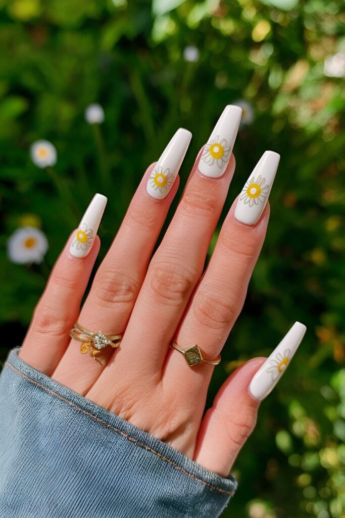 Daisy-themed nail art in white and yellow