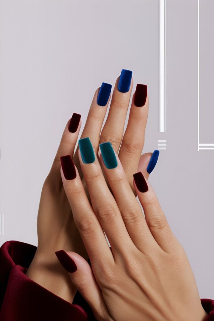 Deep jewel-toned nails with a soft, plush velvet matte finish, perfect for colder months or special occasions