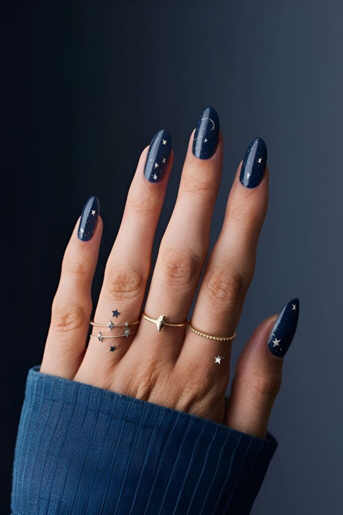 Deep navy nails with delicate silver crescent moons and tiny stars, enhanced with silver glitter for a starry night effect