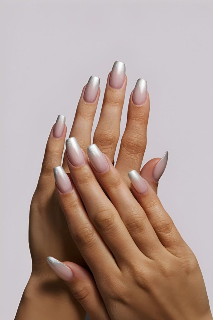 Delicate gradient nails blending silver and pink seamlessly from the base to the tip for a feminine look