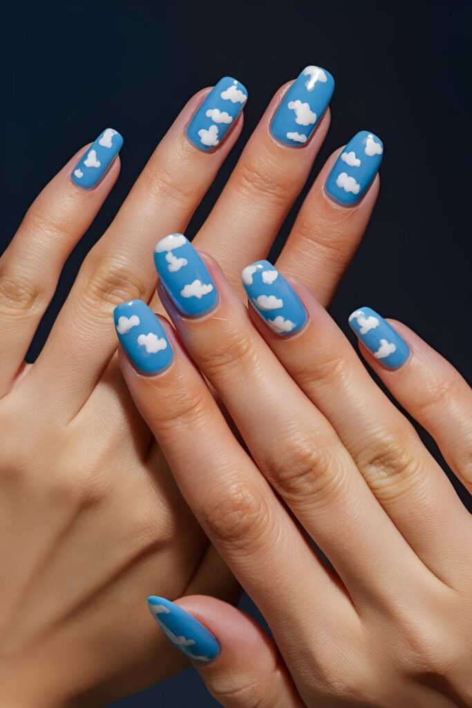 Dreamy acrylic nails with cloud designs in soft blues and whites, set against a plain background