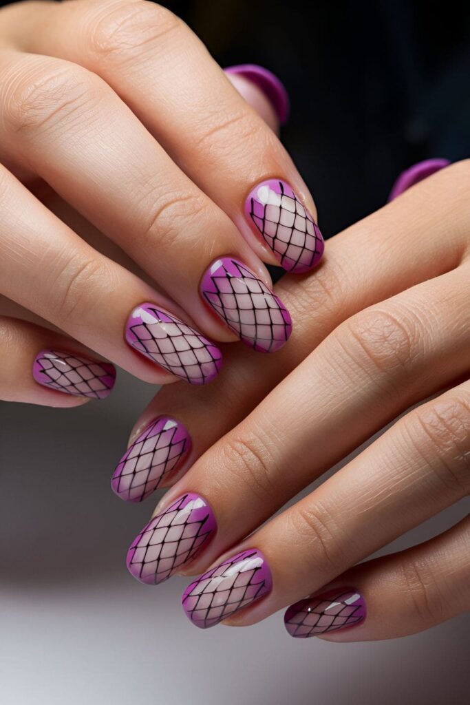 Edgy and cool orchid nails showcasing fishnet patterns created with a fine brush or stencil