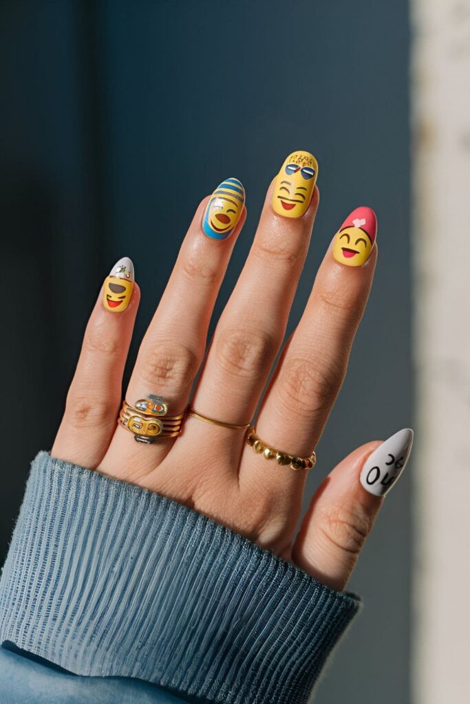 Emoji nail design featuring various fun and expressive emojis
