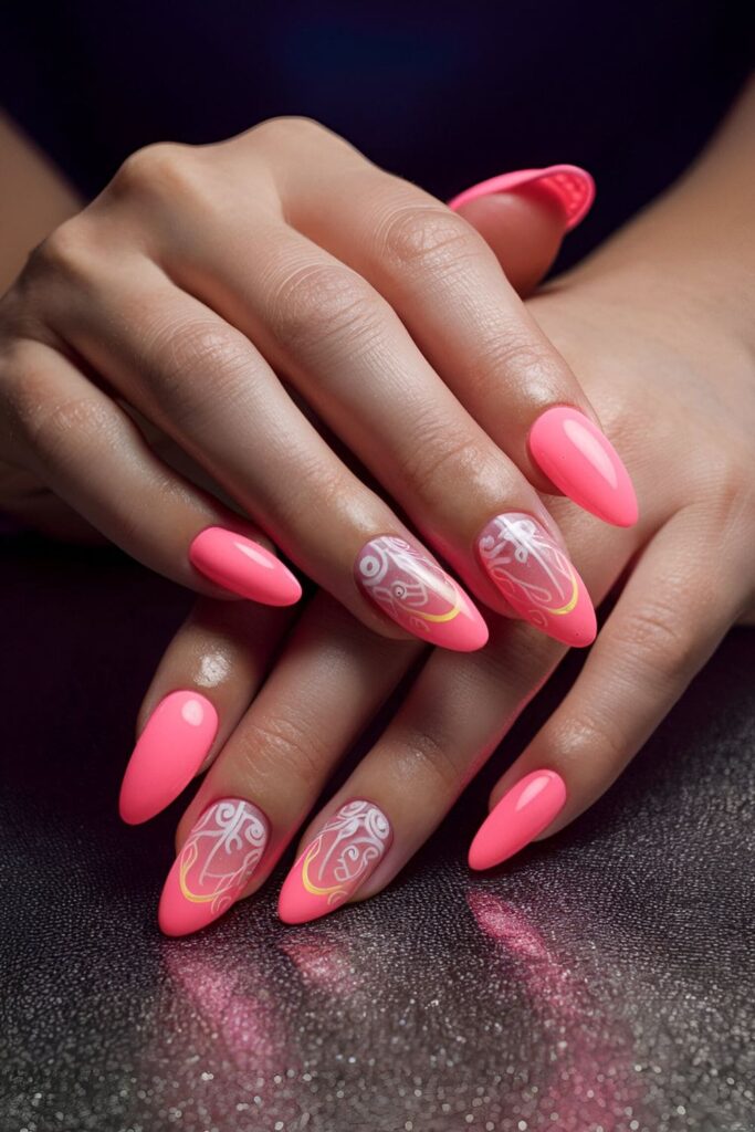 Eye-catching neon pink acrylic nails for a bold and statement-making look