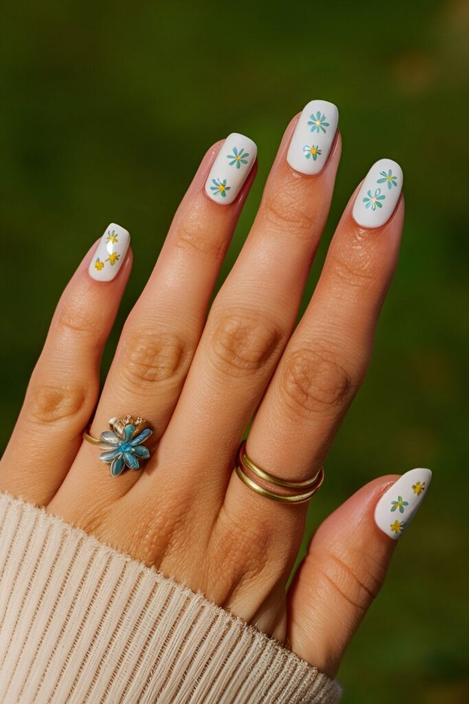 Feminine-nails-with-tiny-blue-daisies-painted-on-a-white-base-accented-with-green-leaves