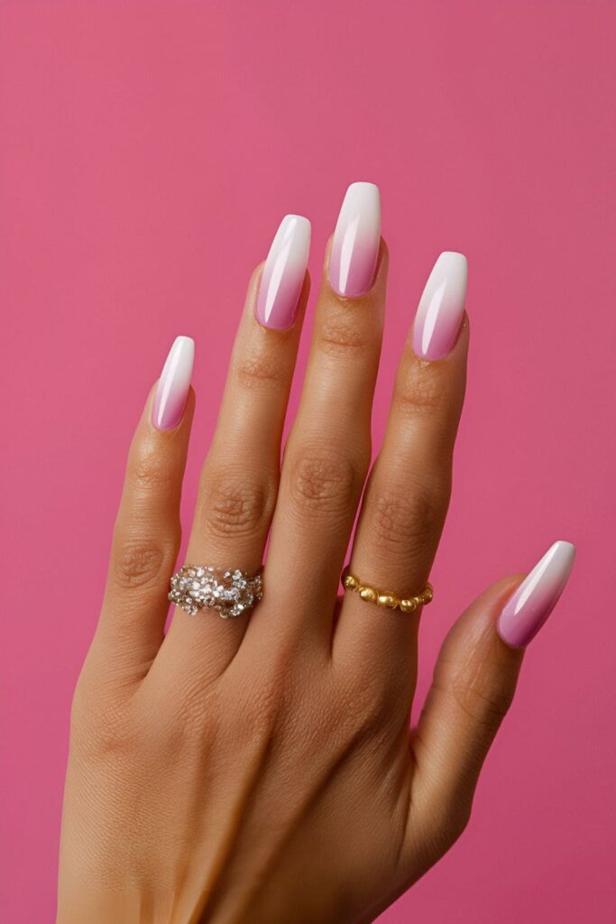 French fade pink coffin nails blending pink and white seamlessly