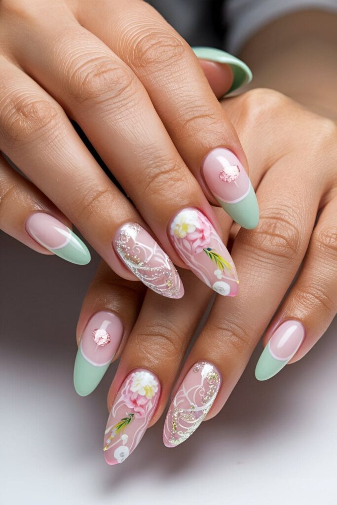 Fresh and colorful pink and mint green acrylic nails