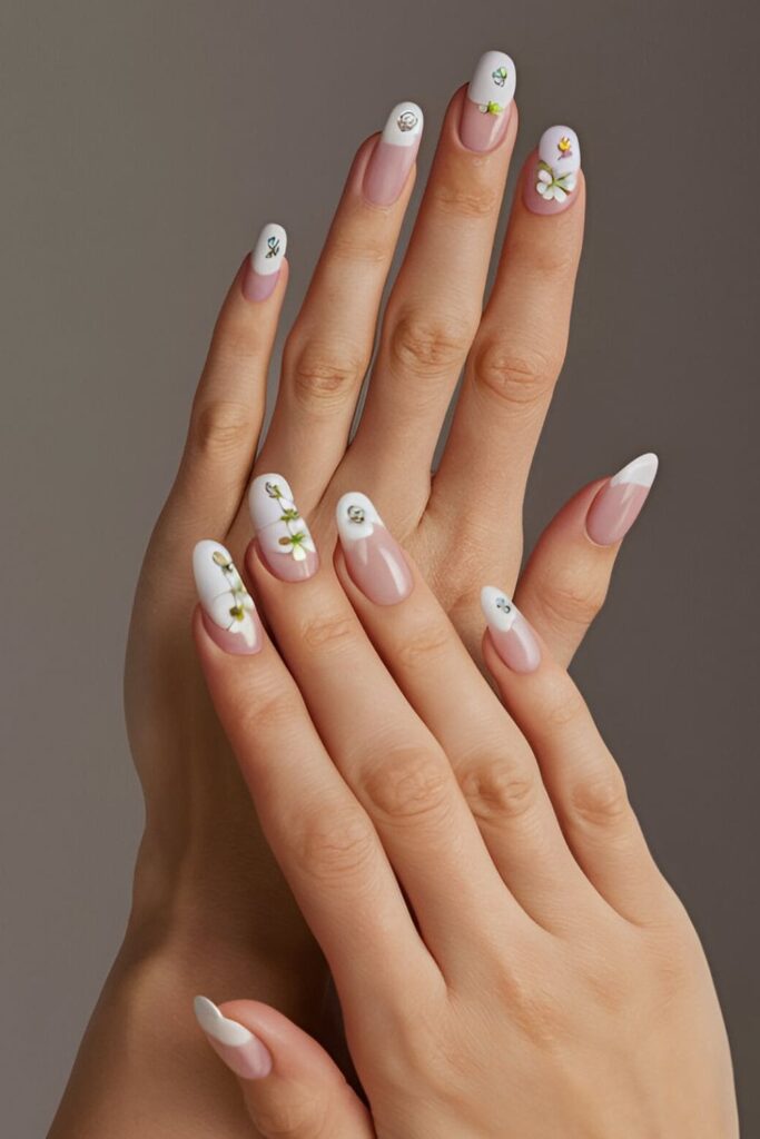 Image of hands with acrylic nails featuring small, delicate flowers in neutral or pastel shades on a light base, adding a feminine touch