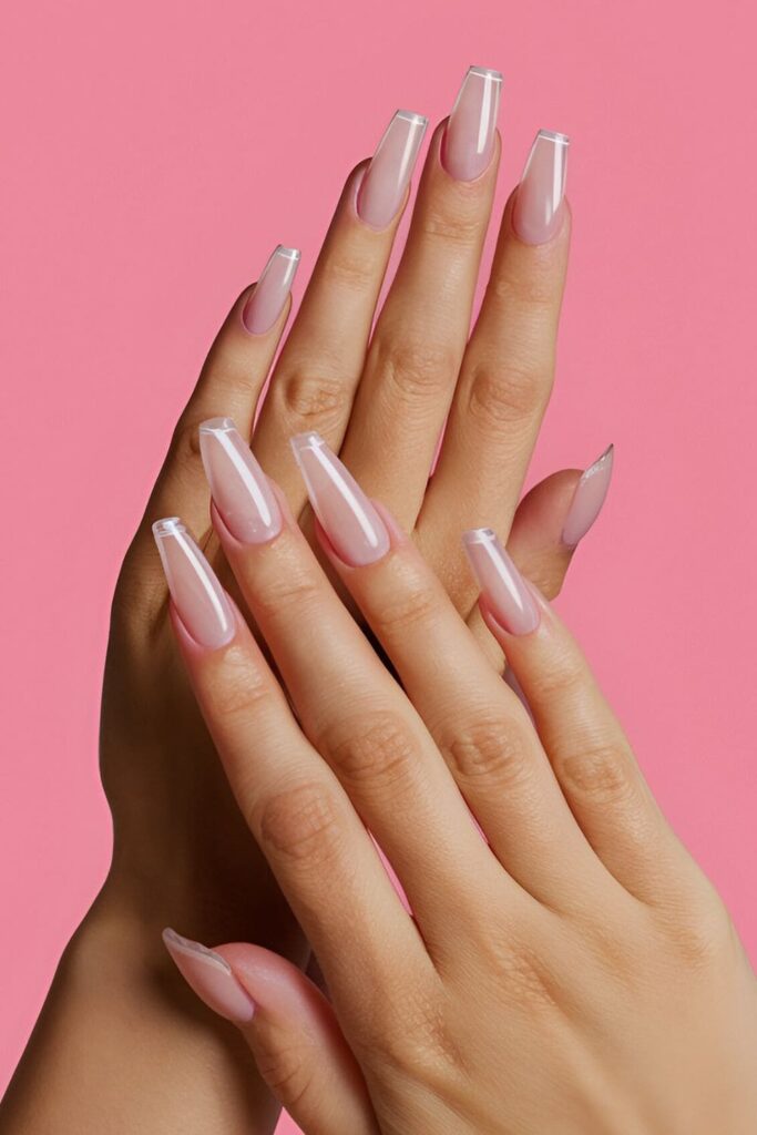 Image of hands with acrylic nails having a clear or pale pink base with transparent tips, creating a fresh and clean appearance