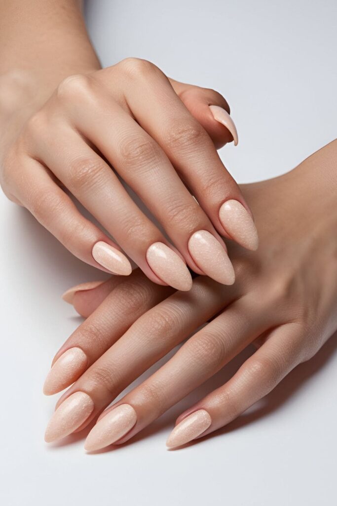 Image of hands with acrylic nails in a soft, light peach shade, perfect for a fresh, summery, and refined appearance