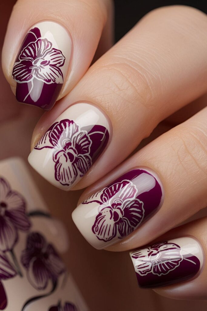 Intricate orchid nails with detailed stamped patterns in contrasting colors for a professional look